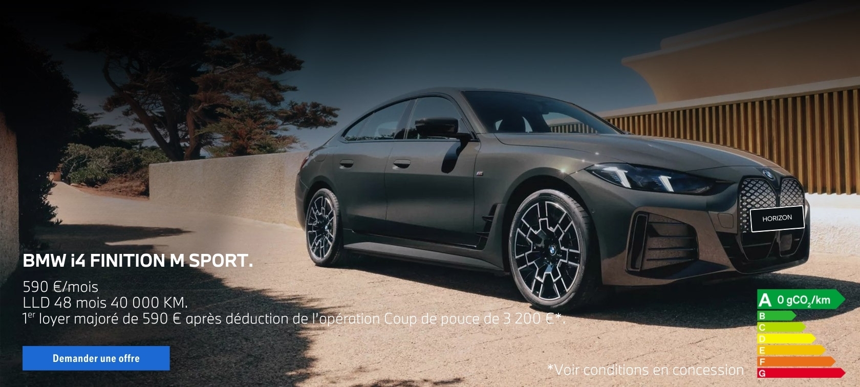 Votre BMW i4 à partir de 590 €/mois, 1er loyer de 590 € après déduction de l'opération Coup de pouce de 3 200 €