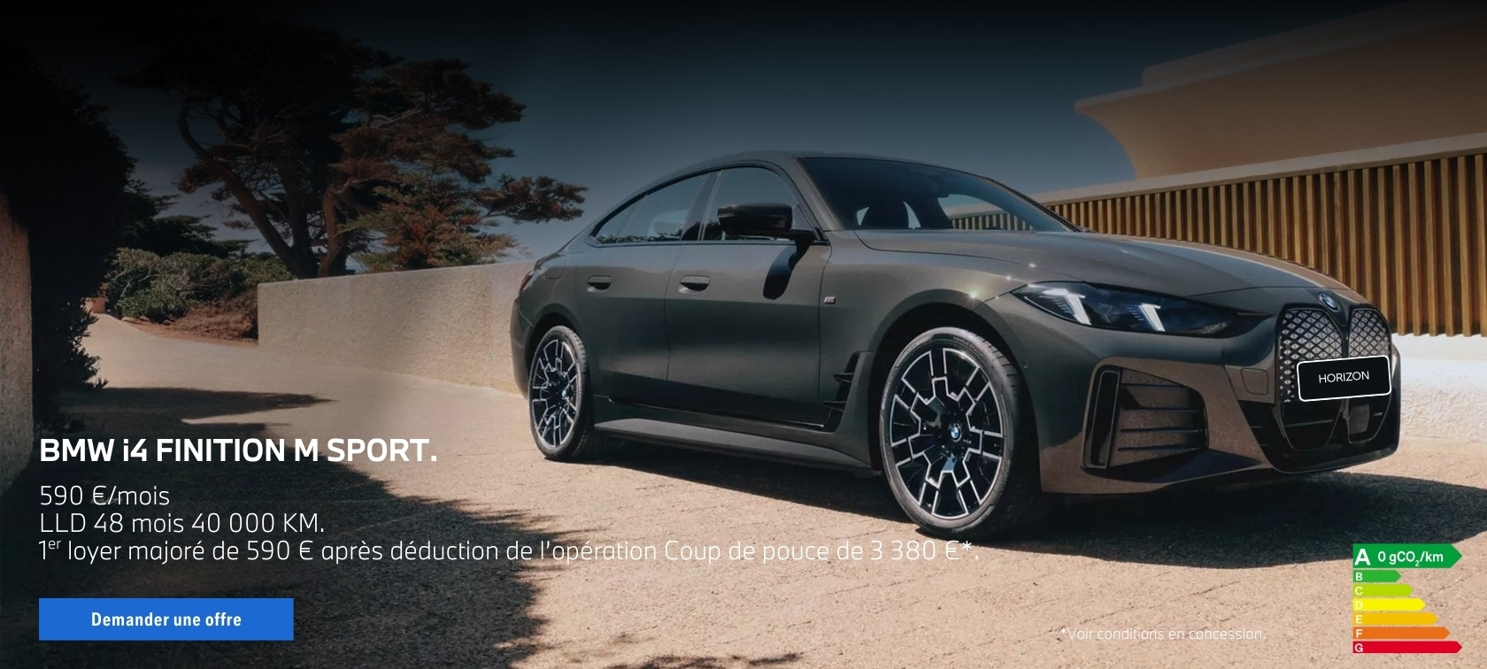 Votre BMW i4 à partir de 590 €/mois, 1er loyer de 590 € après déduction de l'opération Coup de pouce de 3 380 €